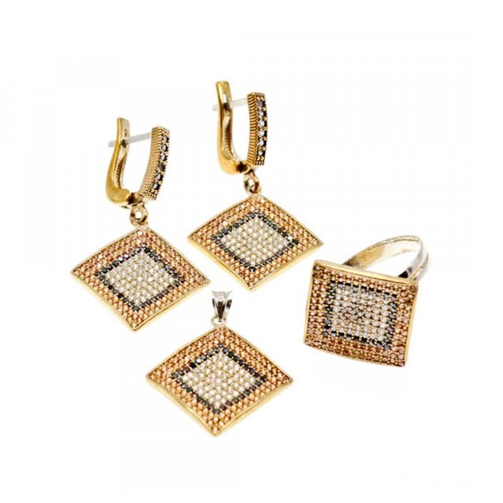 925 Sterling Silver with Gilding CZ & Black Jade Set